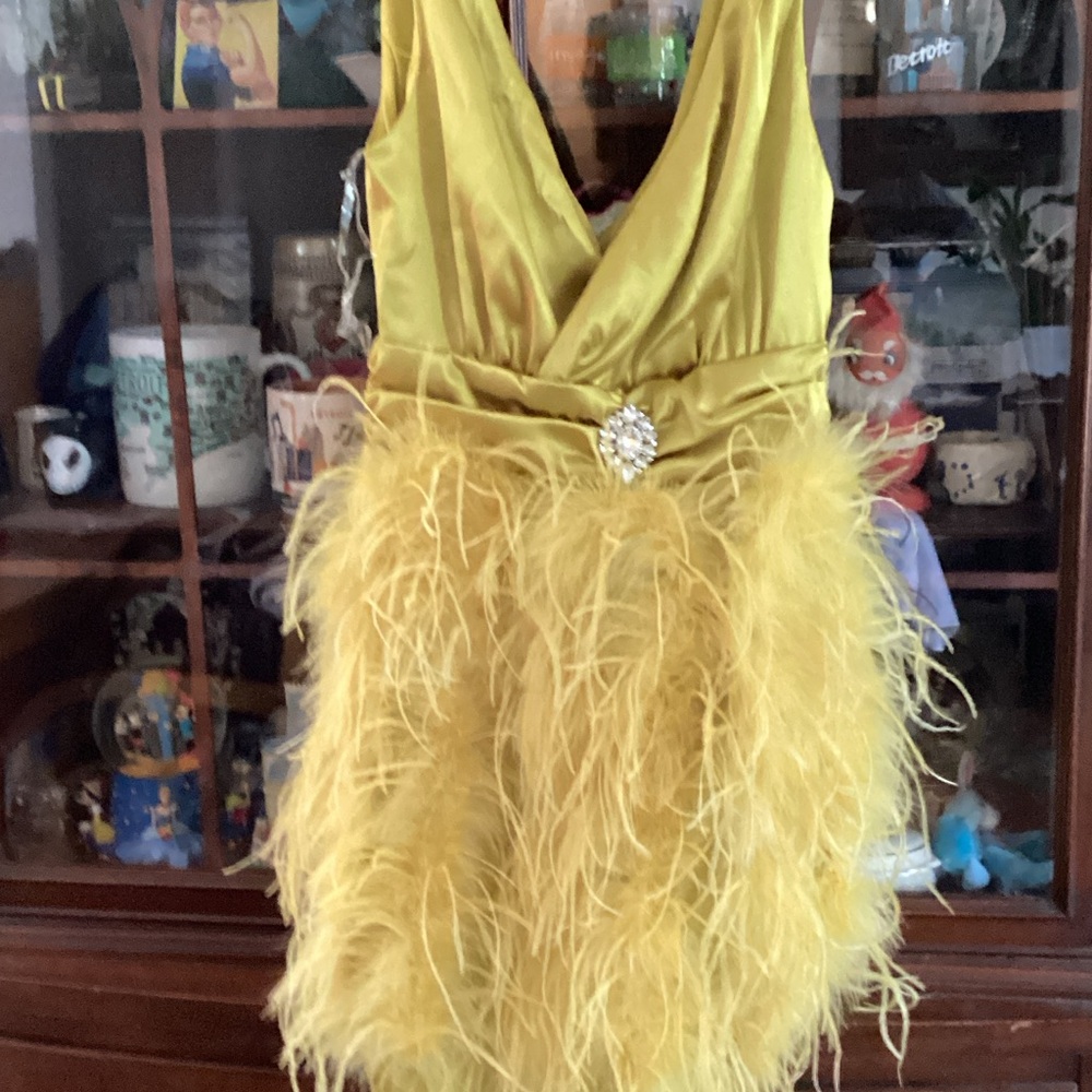 Glamorous Yellow Satin and Feather Dress - Picture 3 of 7
